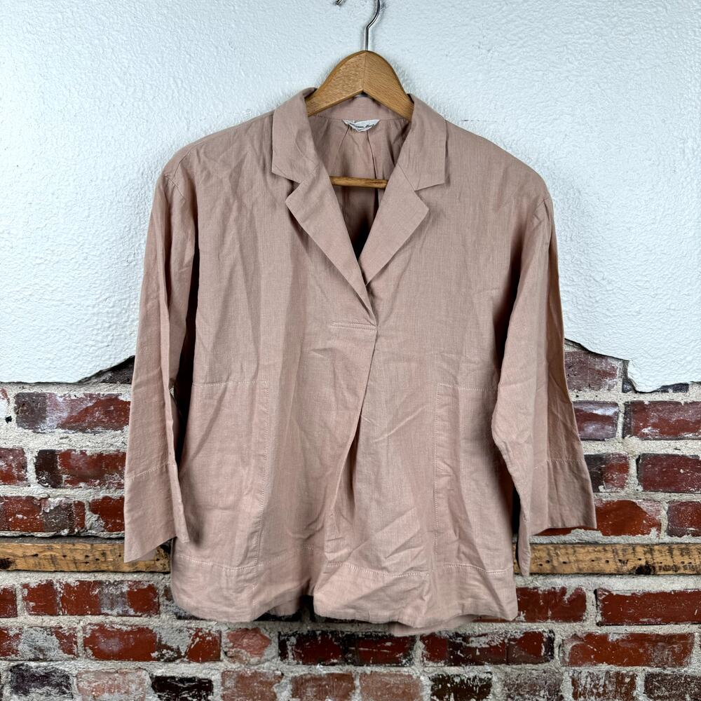 Samansa Mos2 Shirt Size Large Brown Tan Linen Blend Collared Pullover Casual